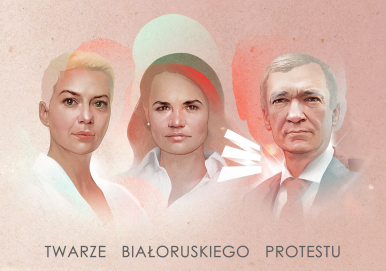 Napis Twarze Białoruskiego Protestu - nad napisem malowane trzy twarze, dwie kobiece, jedna męska